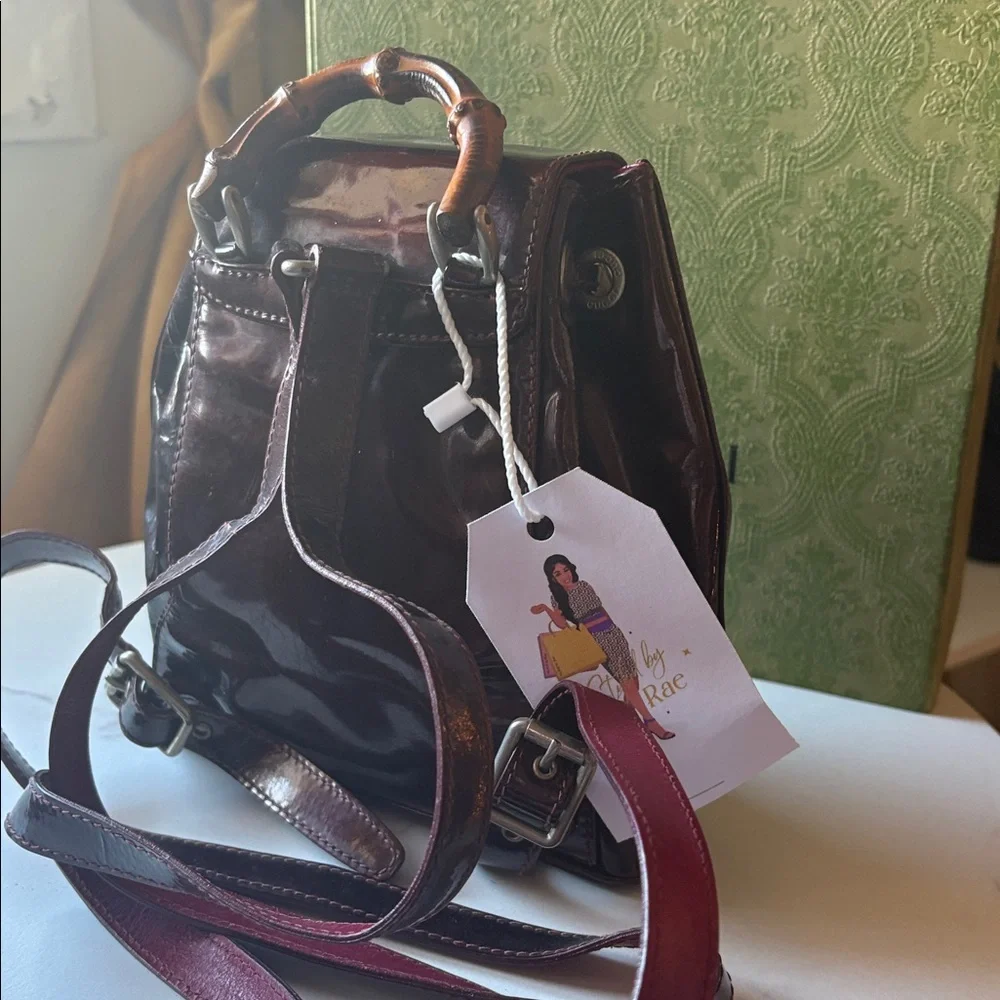 Gucci Burgundy Patent Leather Bamboo Top Handle Backpack